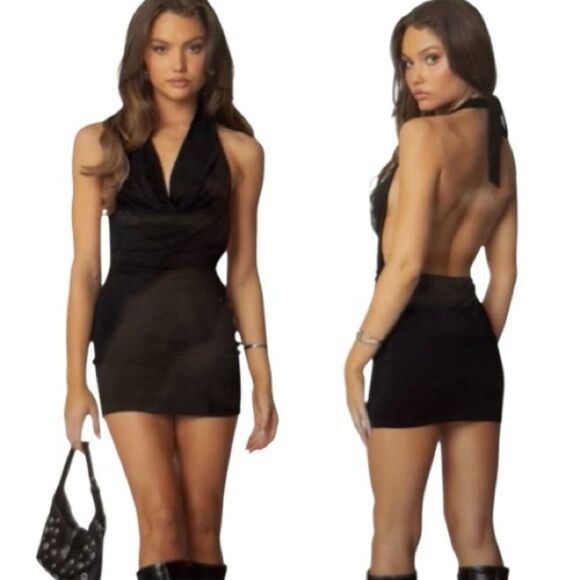 Edikted Dresses & Skirts - Edikted Black Cowl Neck Backless Mini Dress – Size Small - NWT
